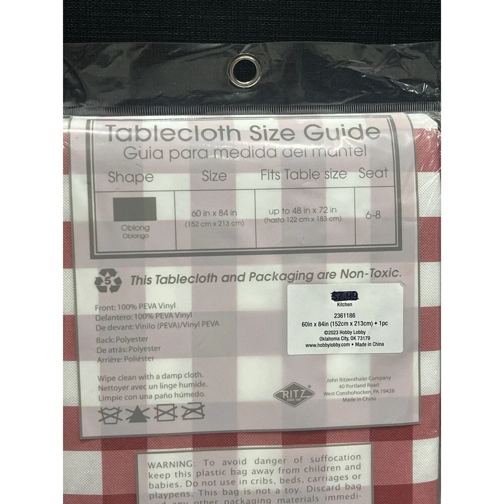 60 x 84 Tablecloth Red White Check Vinyl 100% PEVA